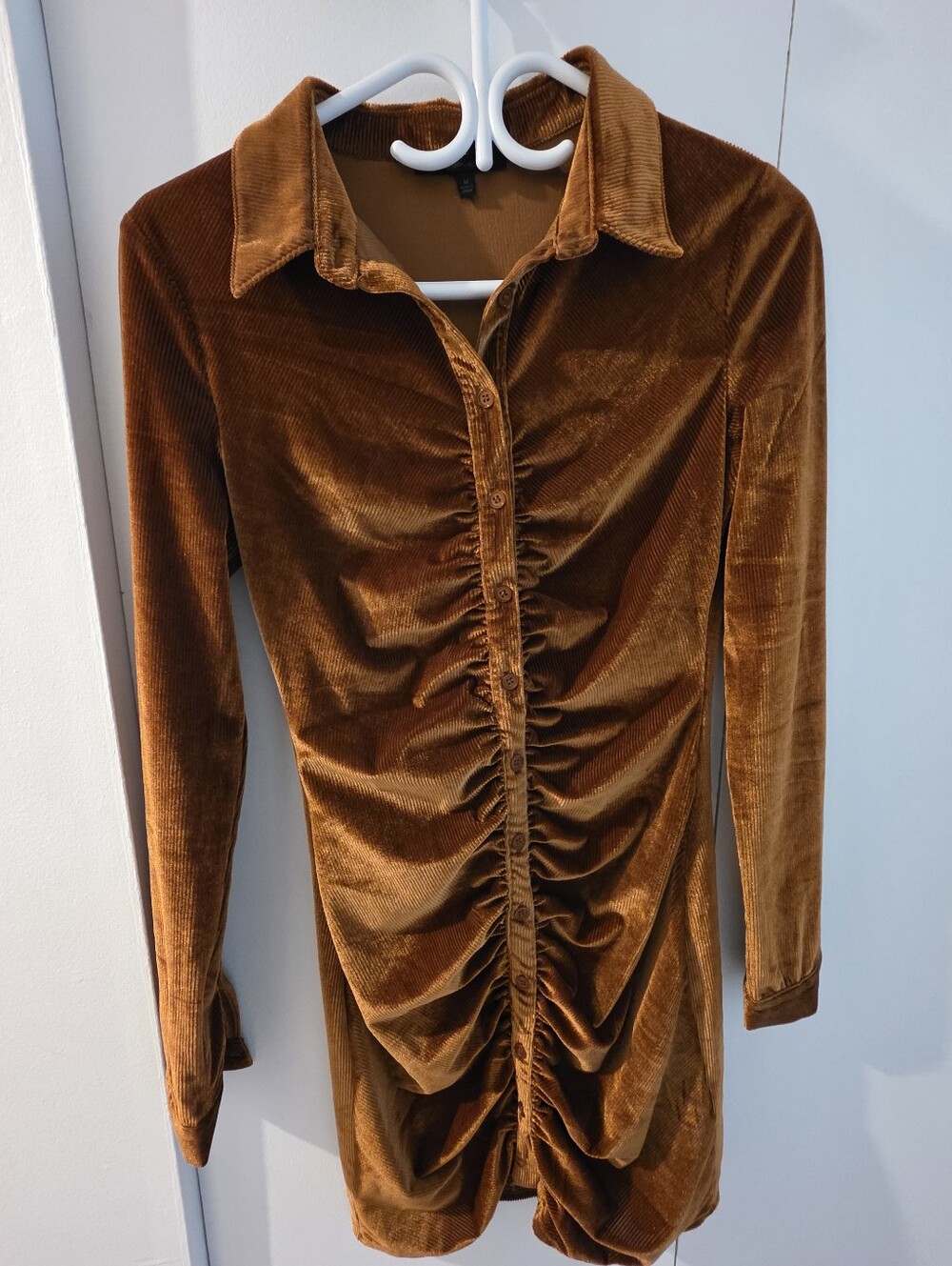 Symphony Rust Velvet Ruched Button-Front Mini Dress
